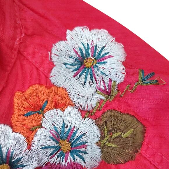Johnny Was 3J WORKSHOP red floral embroidered button up down boho shirt top Sz S - Picture 5 of 8
